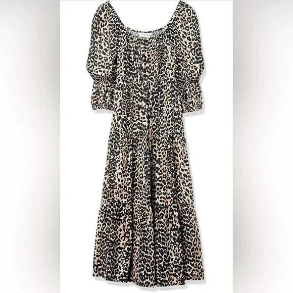 Small The Drop Keyla Puff-Sleeve Square-Neck Tiered Midi Dress in Leopard Print - Picture 4 of 9